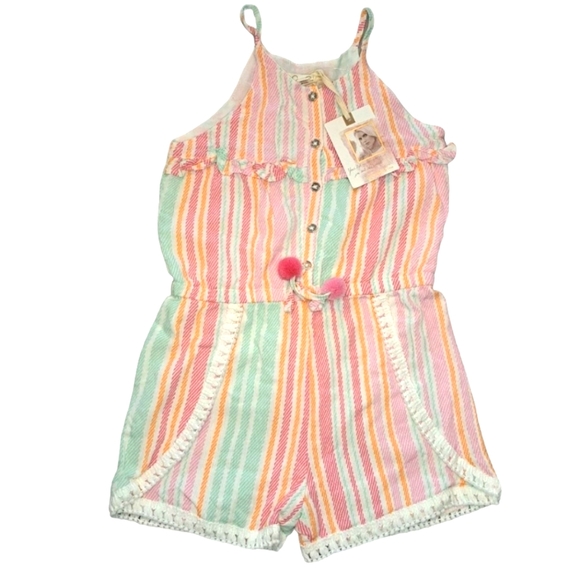 NEW Jessica Simpson Pink Sleeveless Shorts Romper Stripes Pom Poms Size 4T - Picture 2 of 6